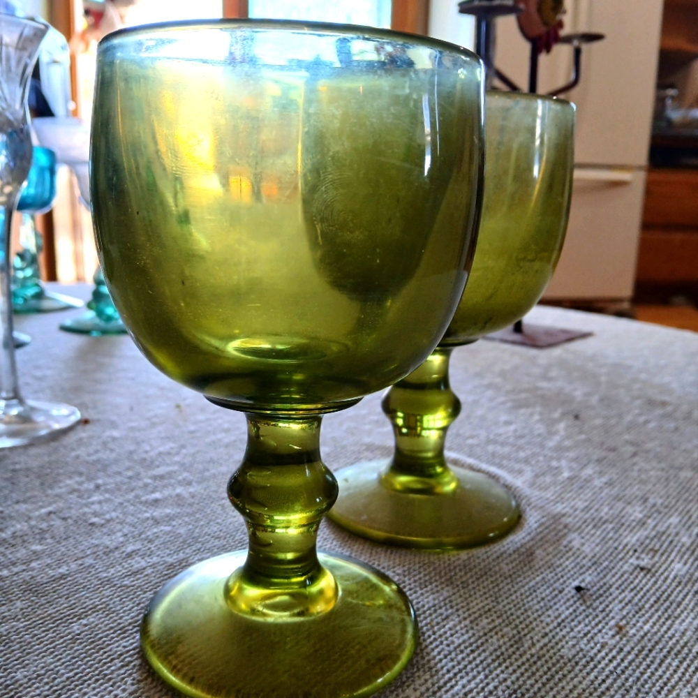 Set of two heavy handmade Green Glass goblets